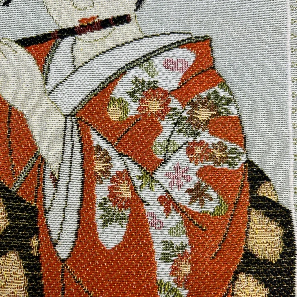 VTG Japanese Geisha Woven Tapestry Art Unisex 13x12 Manga Flute Decor Minimal